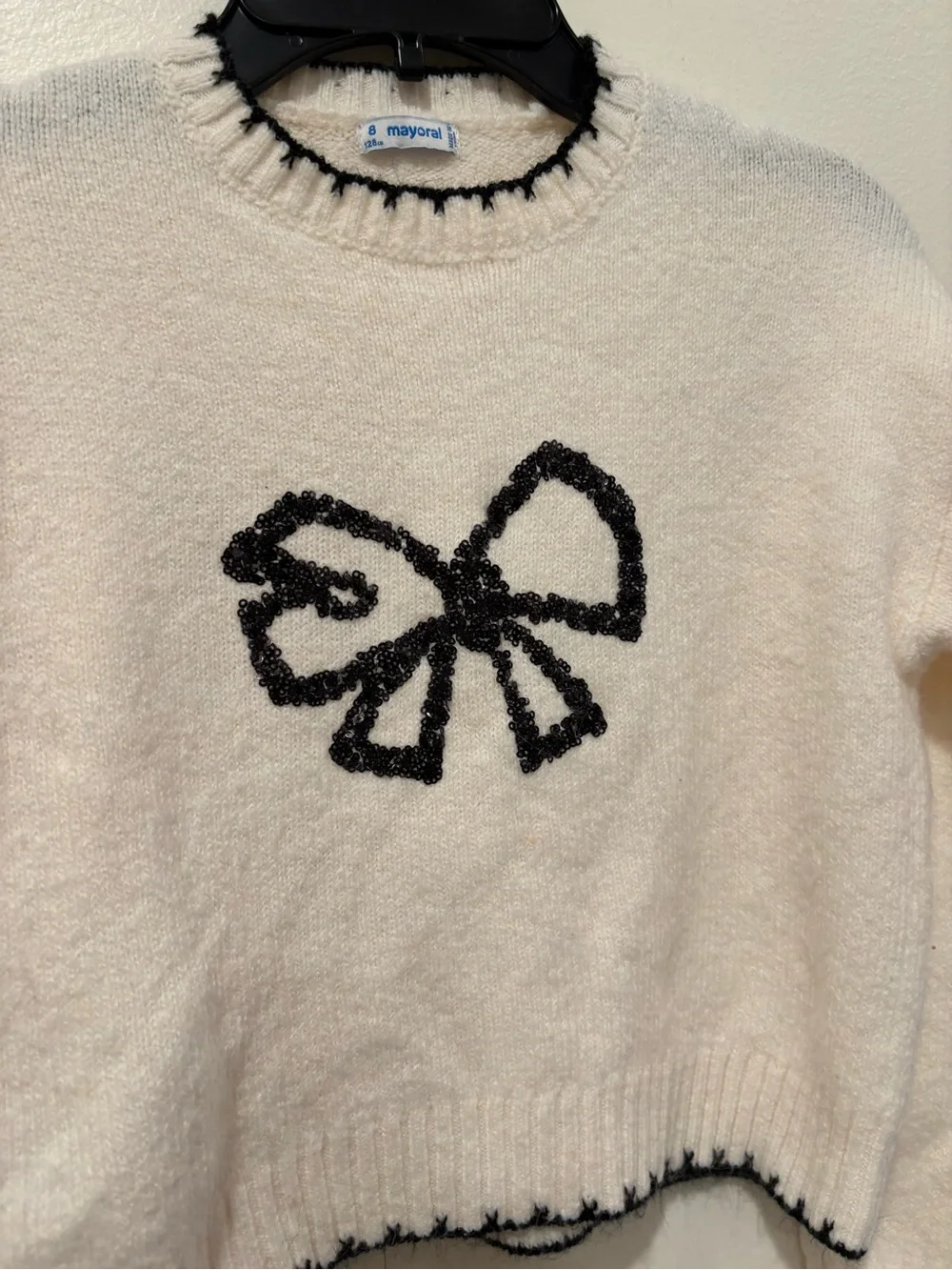 Cream Knit Sweater with Black Bow Detail